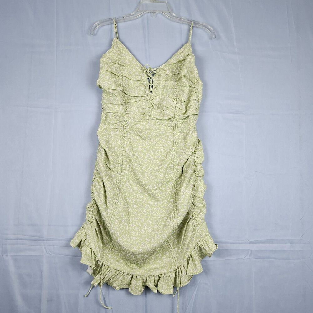 MORE TO COME Janet Ruched Ditsy Floral Mini Dress Pistachio Green Revolve Sz M